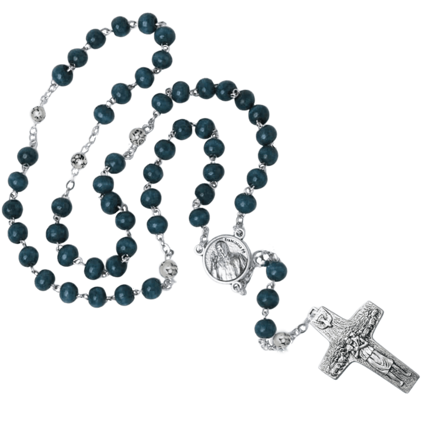 POPE FRANCIS - BLUE WOODEN BEADS ROSARY - METAL