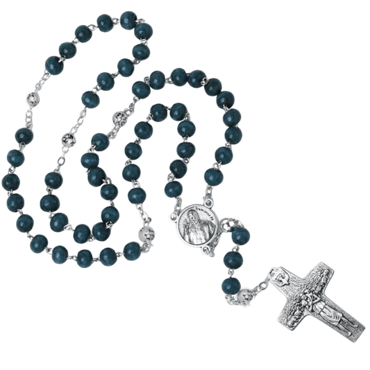 POPE FRANCIS - BLUE WOODEN BEADS ROSARY - METAL