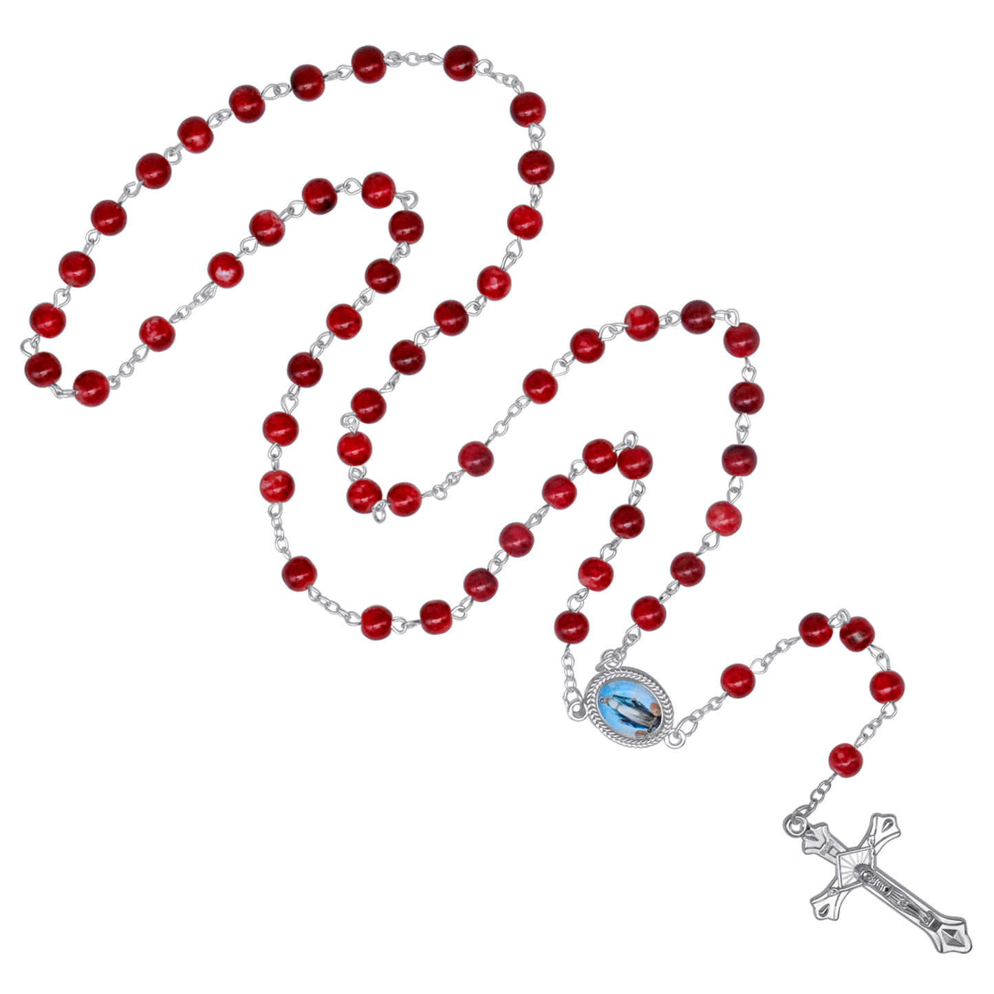 RED MARBLE ROSARY - METAL