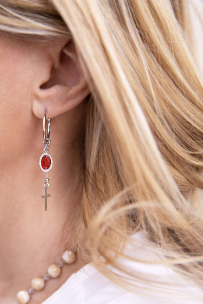 RED MIRACULOUS MEDAL - HOOP EARRINGS - SILVER
