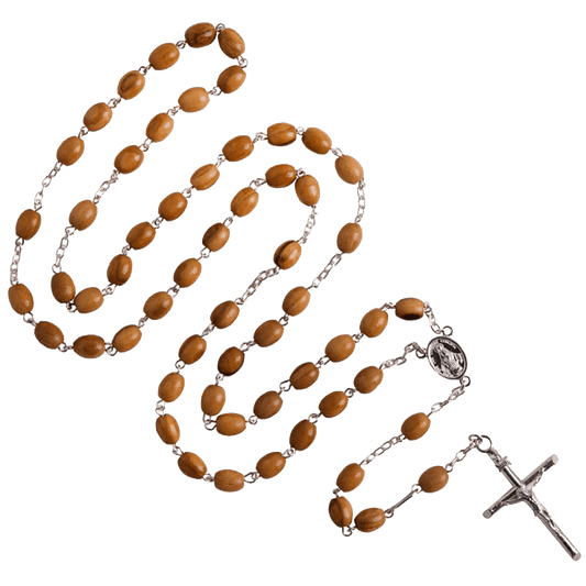 OLIVE WOOD BEADS ROSARY - SILVER