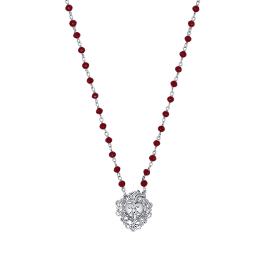SACRED HEART NECKLACE - SILVER AND RED CRYSTALS