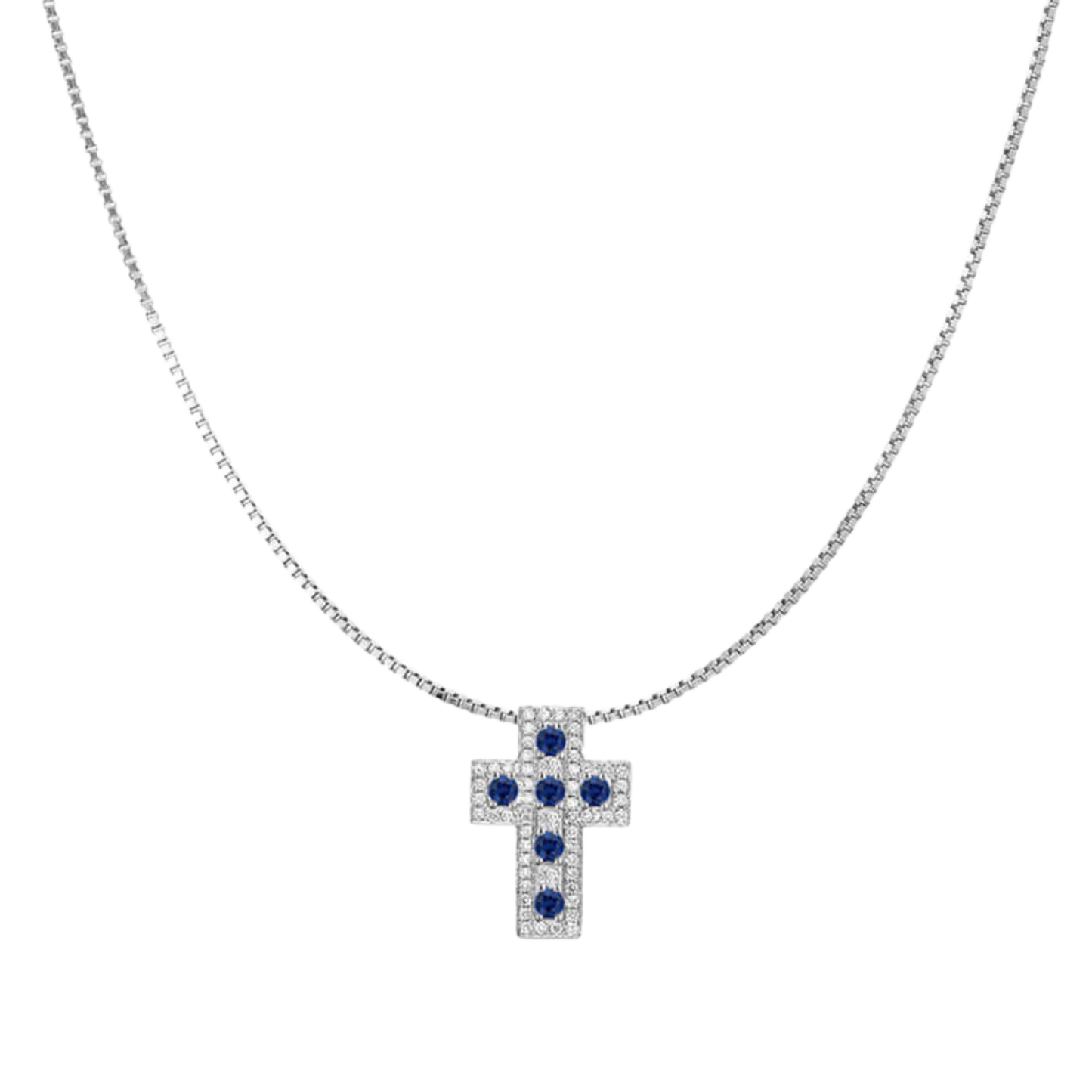 CROSS AND CHAIN - SAPPHIRE AND DIAMONDS - WHITE GOLD