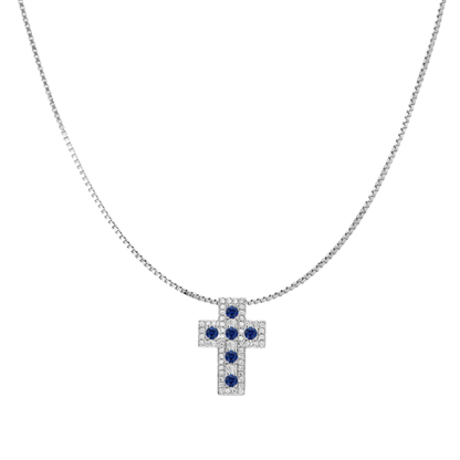 CROSS AND CHAIN - SAPPHIRE AND DIAMONDS - WHITE GOLD
