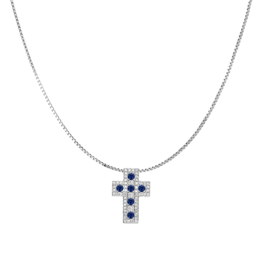 KRUIS EN KETTING - SAPPHIRE EN DIAMANTEN - WITGOUD
