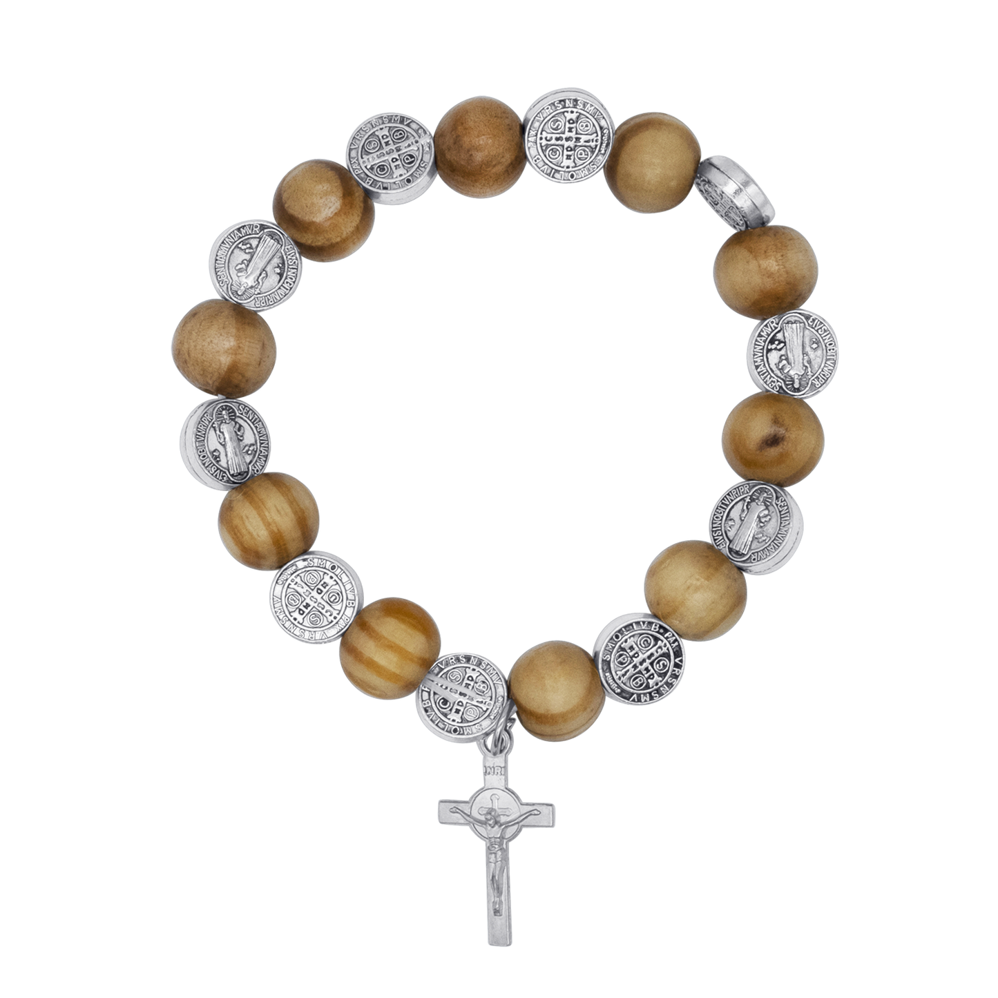 ST BENEDICT - WOODEN ROZENKRANS ARMBAND - METAAL