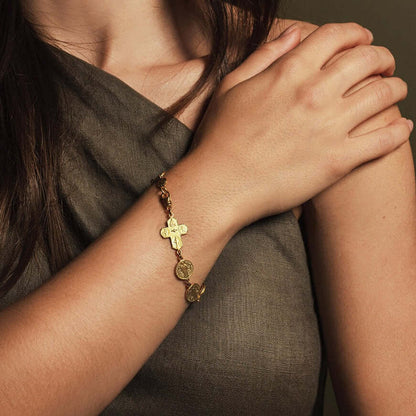ST BENEDICT MEDAL & FOUR WAY CROSS - BRACELET - VERMEIL SILVER