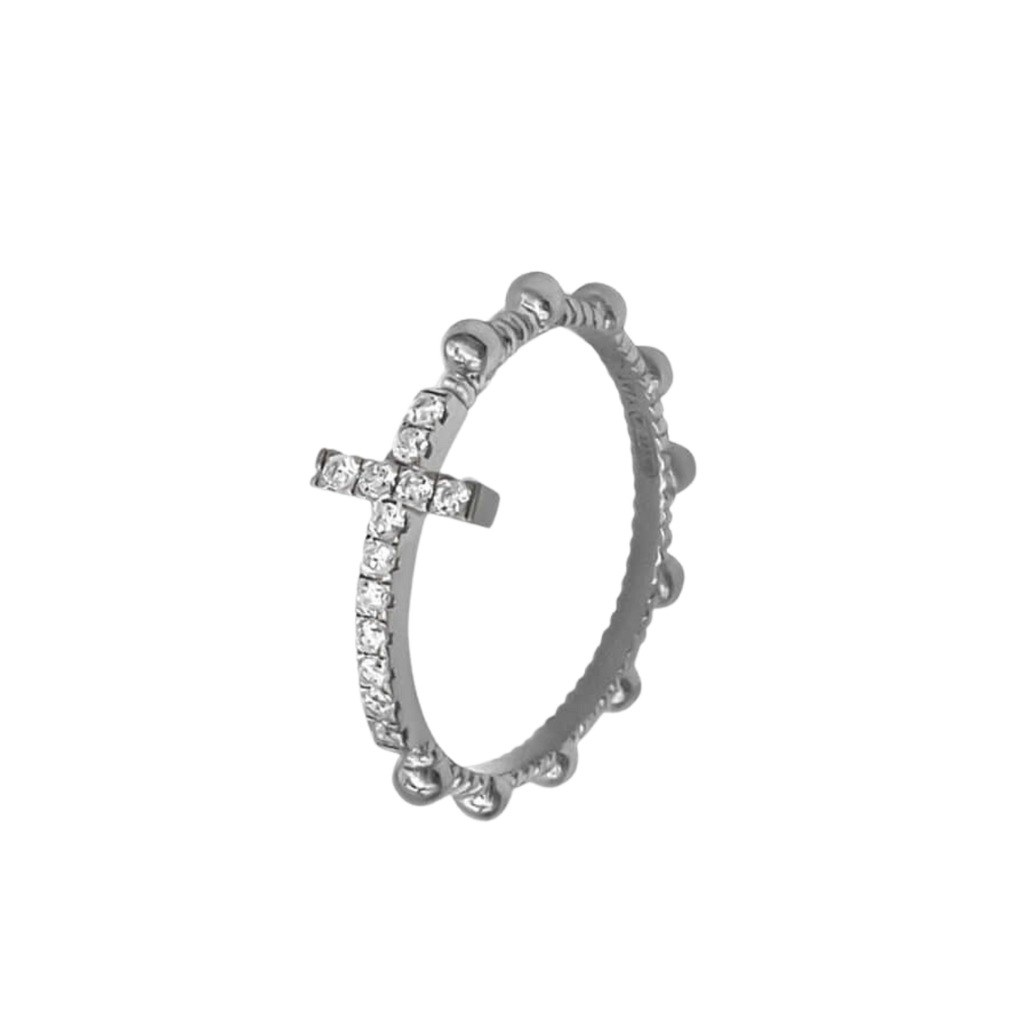 ROSARY RING WITH CROSS - SILVER AND ZIRCONIA