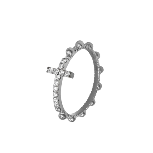 ROSARY RING WITH CROSS - SILVER AND ZIRCONIA