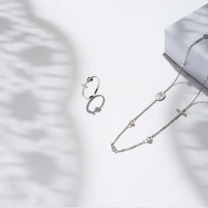 MIRACULOUS EN KRUIS - KETTING PEARL EN CRYSTAL - ZILVER