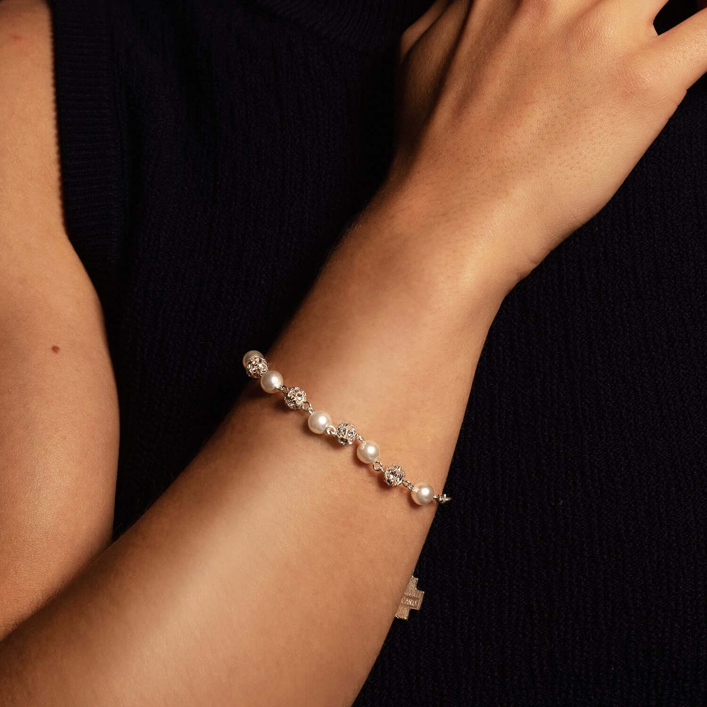 STRASSBALL AND GLASS - PEARL ROSARY BRACELET - SILVER