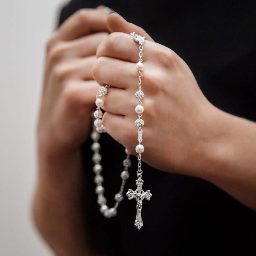 STRASSBALL AND PEARL BEADS ROSARY - SILVER
