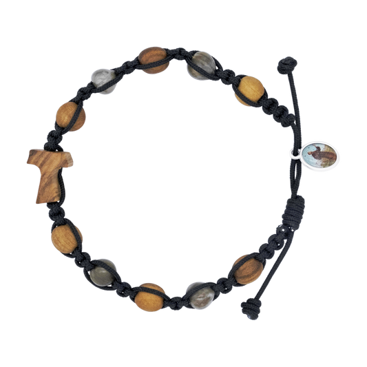 TAU KRUIS ARMBAND - OLIVE WOOD EN NATURAL STONES