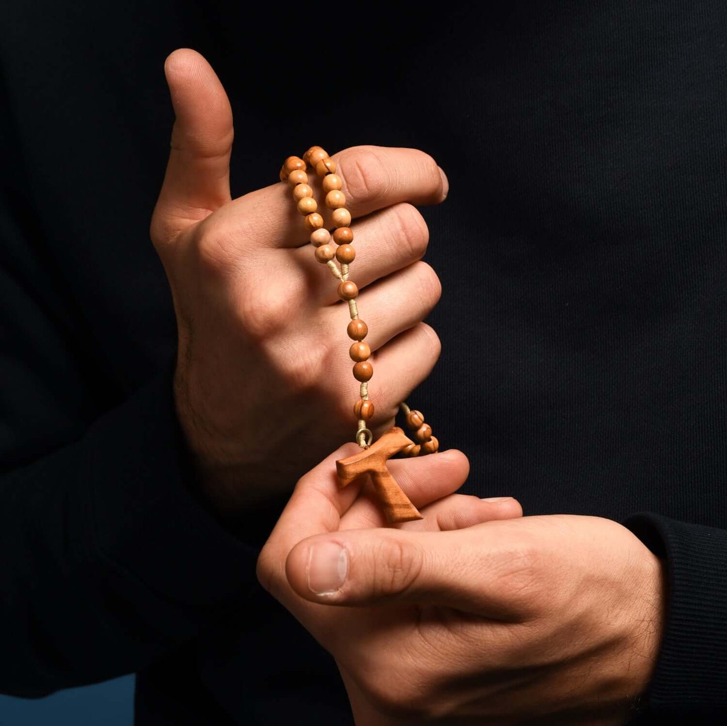 TAU CROSS ROSARY - OLIVE WOOD