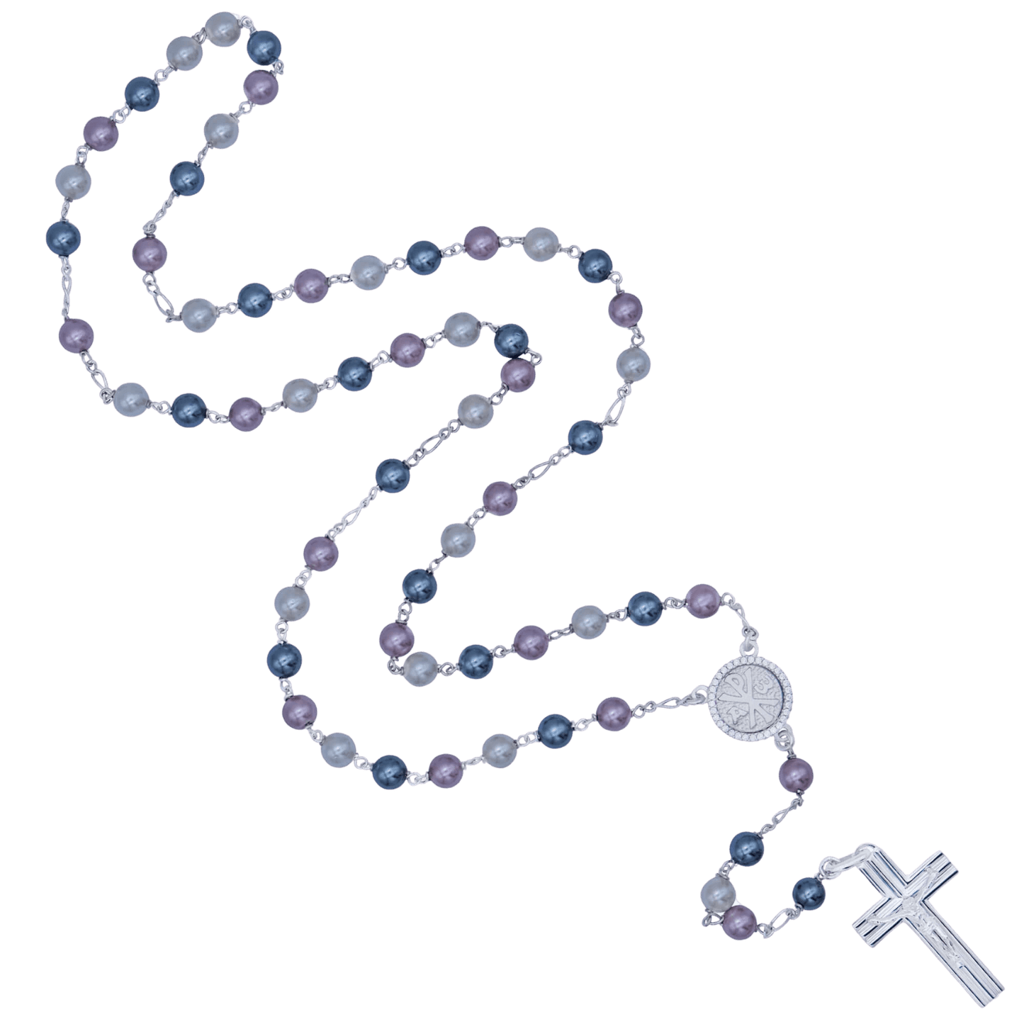 THREE TONE PEARL ROSARY - SILVER