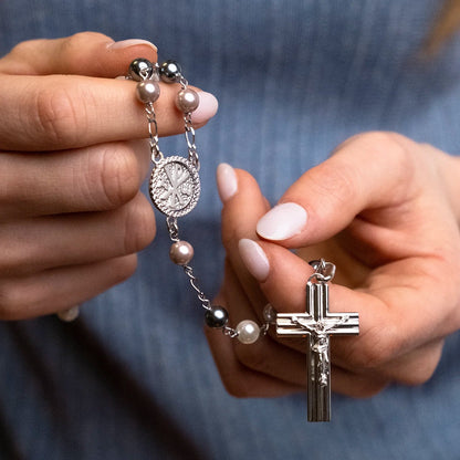 THREE TONE PEARL ROSARY - SILVER