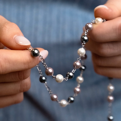 THREE TONE PEARL ROSARY - SILVER