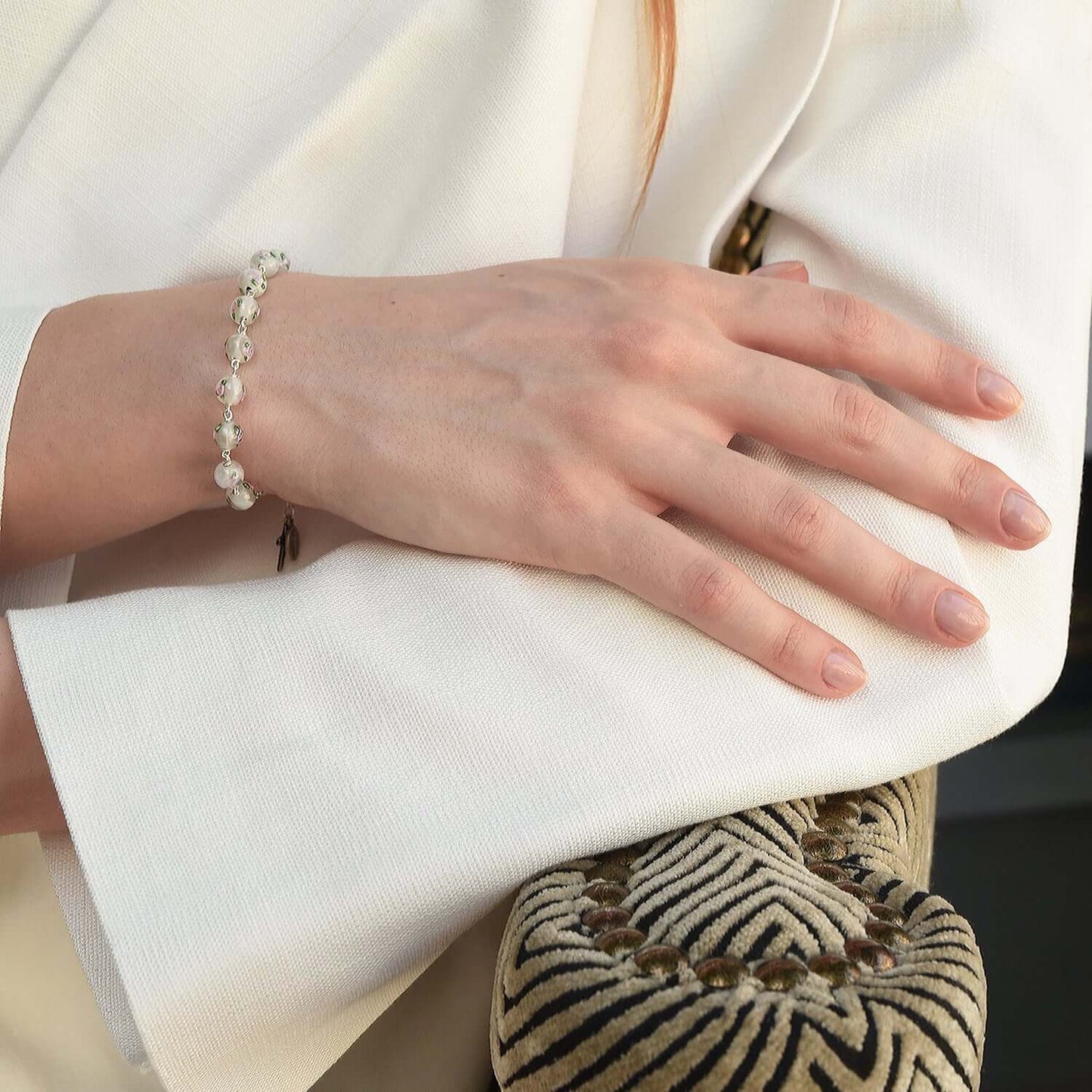 ROSARY BRACELET - WHITE MURANO GLASS AND SILVER