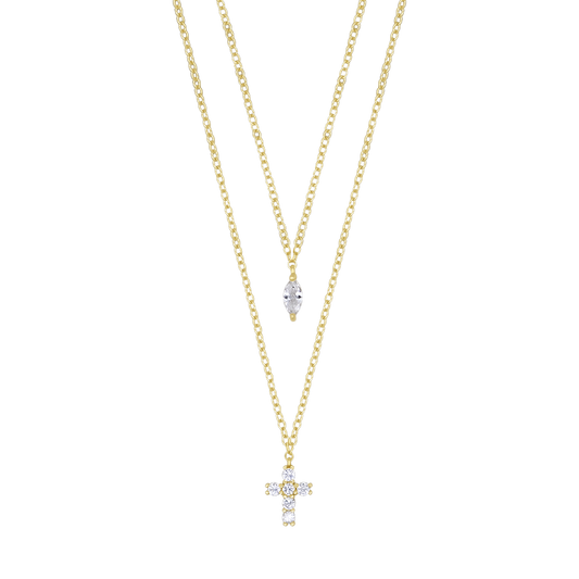 ZIRCONIA CROSS NECKLACE - GOLDEN SILVER